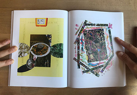 a spread of magazine pages, left image has a thick border, and a collage of circular objects including a paper plate with dried dandelions, right page is thin strips creating a rough hexagon and watercolour marks inside with a photograph of soil/compost