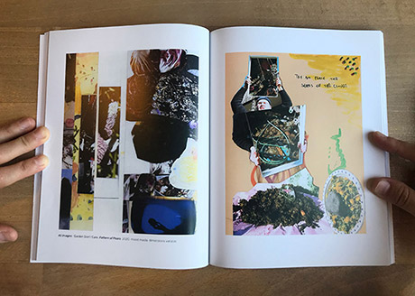 spread of magazine, left image is a collage of shadow figures, what looks like a human head, some radicchio, high contrast image, right image is softer toned collage, more photographs of soil, pencil drawing, some illegible text, disposable plate with dried flowers, a figure holdin a mirror with a reflection of the soil