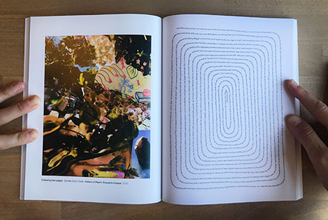 magazine spread, left image is a collage of fruits and pencil drawings depicting a hand with red nails, right image is an illegible poem that starts from the top left corner of the page and spirals rectangularly into itself