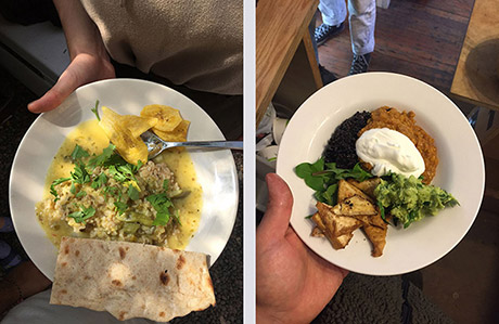 two images of round plates held by a hand. one meal is brown rice with saucy stew on top, with cilantro and flat bread, second meal is fried tofu, guac, sour cream, wild rice and dal topped with greens