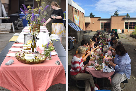 two images, left image is of a long table, ready to be sat at. one person in the back is tending to the plates. the table is full of butterfly bush flowers and other flowers, tableware and glassware. second image is the same tabe full of people, focused on the food and enjoying a pleasant meal.