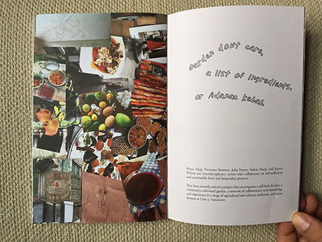 a book spread, left imagef is a collage f photographs depicting baklava, kebab, tirit, garden produce, pencil drawings, şalgam, prep lists written on newsprint. all photographs arranged as if laid out on a table overlapping each other. right image shows illegible text