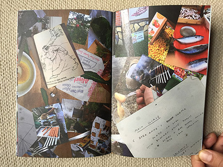 book spread showing tow pages, left image shows kale leaves sprinkled on top of photographs laid on top of each other. visible images are kebab cooking, drawing of a turkish woman carrying a big tree, paper packaging for street nuts from turkey, flowers, right image is a big prep list on newsprint, noodles from a small cup, someoens shoe, tree bark, again kebab,, plums in a box, three whole bonito, all photographs laid on top of each other to fill the pages frame.
