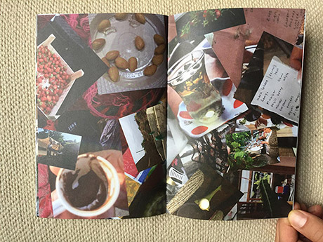 double book spread showing a single collage of photographs laid on top of each other, visible photographs include fresh almonds, turkish coffee reading, long curly black hair, a cart of strawberrys, some pink wool,  thyme tea in turkish tea glass, a prep list written with a sharpie on white paper, an image of people plating food on a table outdoors. 