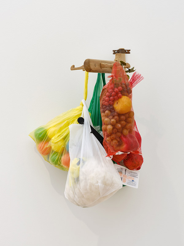 empty white wall, wooden coat hanger coming out perpendicular from the wall with two plastic bags and one mesh fruit bag hanging from it. the mesh bag is full of plastic fruit and real pomegranates, the other bags are full of palm sized plastic balls, cotton, more platic bags as well as a 3D printed replica of the wooden coat hanger