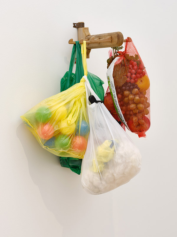 empty white wall, wooden coat hanger coming out perpendicular from the wall with two plastic bags and one mesh fruit bag hanging from it. the mesh bag is full of plastic fruit and real pomegranates, the other bags are full of palm sized plastic balls, cotton, more platic bags as well as a 3D printed replica of the wooden coat hanger