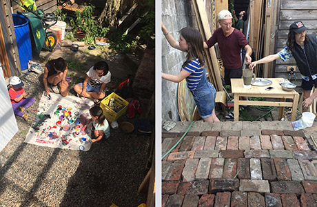 two images, left is s small piece of fabric laid on ground outdiirs, with two adults and two kids around it painting the canvas in various colours, the second image is two adults and one child painting on the wall outside at the garden.