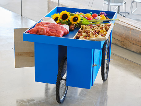 sculpture of a blue merchants cart typical of Turkish street merchants. on op there are onions, dried roses, fresh sunflowers and 3D printed fruit