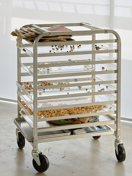 a restaurant bun rack, with metal and plexiglass trays, holding marbles, cherry blossoms dipped in beeswax,  and newspaper